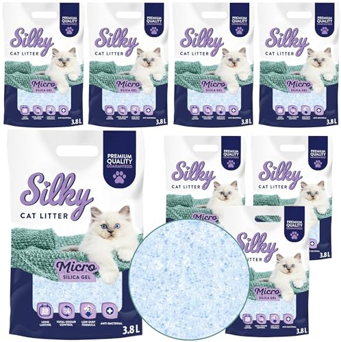 Silky Mikro Silikat-Katzenstreu 3,8L | 30,4L Satz | Staubfrei, Geruchskontrolle, Saugfähig, Bakterienhemmend, Sanft zu Pfoten, Lang anhaltende Frische, Silica |8er-Pack