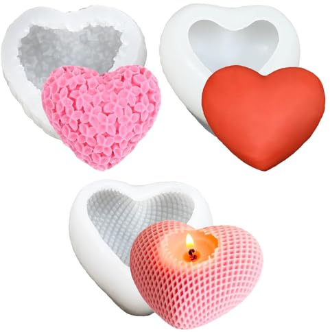 LIUYIDM 3 Pièces Moule Silicone Coeur Moule Silicone Bougie Moules pour Bougies 3d Forme de Coeur Moule en Silicone AntiadhéSif Moule Bougies Bougeoir en RéSine éPoxy, pour ParfuméE, Savon