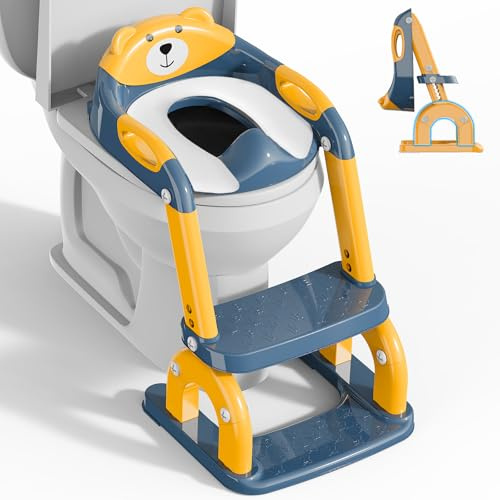 Asiento de inodoro para niños con escalera, accesorio de inodoro mejorado para niños y niñas, 2 en 1, entrenador de inodoro con escalera, altura ajustable (Azul Amarillo)