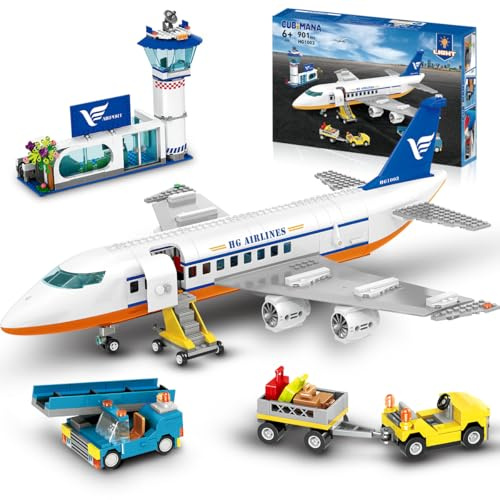 CUBIMANA 53.5CM Großes Passagierflugzeug Bausatz mit LED-Licht für Kinder | 2 Gepäckwagen, Terminal & Radarturm, Weihnachts- und Geburtstagsgeschenk für Erwachsene und Kinder ab 6 Jahren