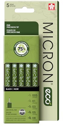 SAKURA Pigma Micron ECO Fineliner - Fineliner Pen Set for Fine Detail Work, Sketching & Illustration - Archival Ink - Precision Tip - Professional Quality - Black - 5 Count