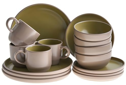 Beliani Service de Table en Grès 16 Pièces 4 Personnes Finition Émaillée Accessoire Cuisine Beige et Vert Nutmeg