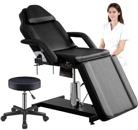 KernGut Hydraulisches Massagelieg 360°Drehbare Tattooliege Kosmetikstuhl höhenverstellbare Kosmetikliege Zubehör Removable Armrests Headrest Hocker & Bettwäsche (Schwarz)