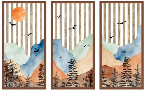 KiKiHong 3 Cuadros de Madera Paisaje Acuarela,Escultura de Pared en Madera | Decoración de Pared con Montañas y Sol para Sala/Comedor,Decoración Mural Estilo Zen