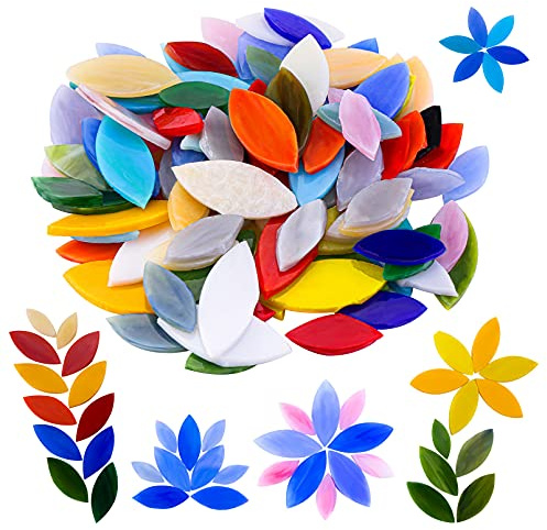 Yoption 100 Pieces Petal Mosaic Tiles, Hand-Cut Stained Glass Flower Leaves Tiles for Art Craft and Home Decorations