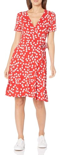 Amazon Essentials Robe Effet Cache-cœur à Manches Courtes Femme, Orange Melon Fleurs, XS