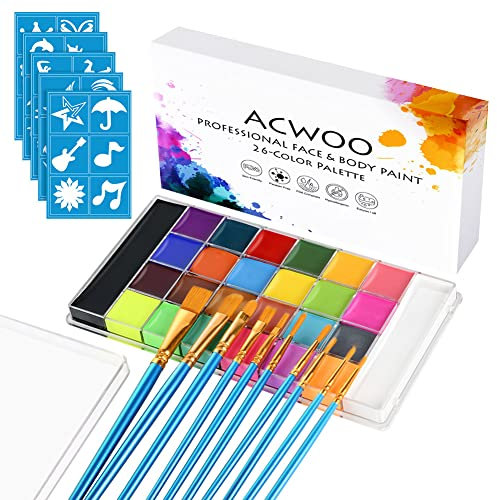 ACWOO Visage Corps Peinture, 26 Couleurs Visage Peinture à L'huile Professionnelle Tatouage Maquillage beauté Palette, Pour Halloween fête déguisement avec 10 Pinceaux et 5 Feuilles de Pochoirs