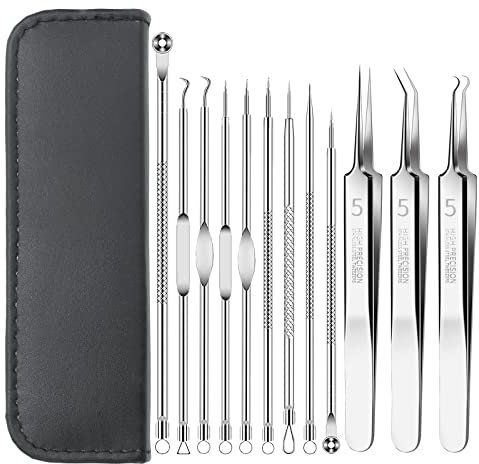 12 Piezas Extractor de Puntos Negros Kit Limpiador de Poros Quita Espinillas y Puntos Negros con Caja, Acero Inoxidable Aguja Pinzas Juego para La Piel Facial y La Nariz
