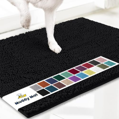 Muddy Mat® AS-SEEN-ON-TV Highly Absorbent Microfiber Door Mat and Pet Rug, Non Slip Thick Washable Area and Bath Mat Soft Chenille for Kitchen Bathroom Bedroom Indoor and Outdoor - Black Small 28X18