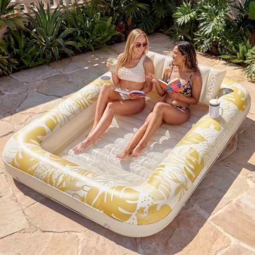 Sloosh 85 tum x 57 tum/2,1 x 1,4 m uppblåsbar solpool, luftmadrass pool, solbad med avtagbar kudde, personlig luftmadrass, vatten för vuxna, sommarkul, vattenfest, gyllene vit