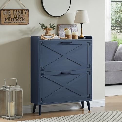 Barnyatoh - Shoe Storage Cabinet, Farmhouse Shoe Organizer with 2 Flip Out Drawers and Barn Door Design, Freestanding Hidden Closet for Entryway, Foyer, Hallway