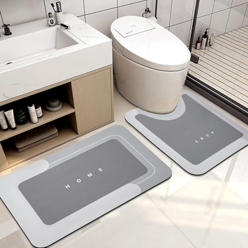 Bingobang 2 PCS Absorbent Bath Mat Set Non Slip Anti Mould, Diatom Mud Bathroom Shower Mat, Washable Quick-Dry 4 Layer Thickened Toilet Floor Rug (Light Gray Combination, 45 x 75 cm + 45 x 60 cm)