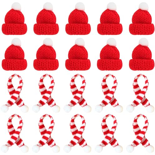 Meleager 20 st mini julmössa och minisjalar, liten stickad hatt med halsduk, för julbordsdekorationer, vinflaskor, julgran, docktillbehör (röd)