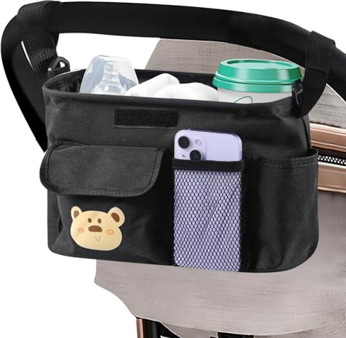 BugyKido Kinderwagen Organizer, Kinderwagen Buggy Zubehör Tasche mit 2 Isolierte Getränkehalter, Baby Große Wickeltasche Kinderwagen, Tasche für Kinderwagen, 3 Fronttaschen, Verstellbarer Schultergurt