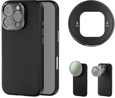 NEEWER Handyhülle für 16 Pro, robuste TPU/PC Heavy Duty Case mit 17mm Objektiv Halterungen, 67mm Filter Adapter, rutschfestem Kunstleder, kompatibel mit iPhone 16 Pro MagSafe, PA083 Schwarz