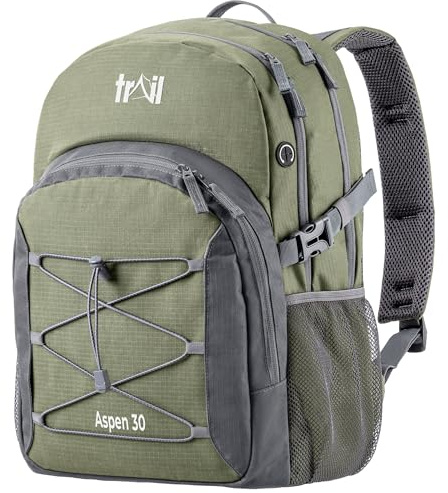 Trail Aspen 30L Day Pack Backpack for School Work Hiking Camping Travelling, Breathable Padded Back & Straps, 3 Zip Compartments, Internal Pockets, Bungee Cords, USB/Headphone Port, Water Resistant
