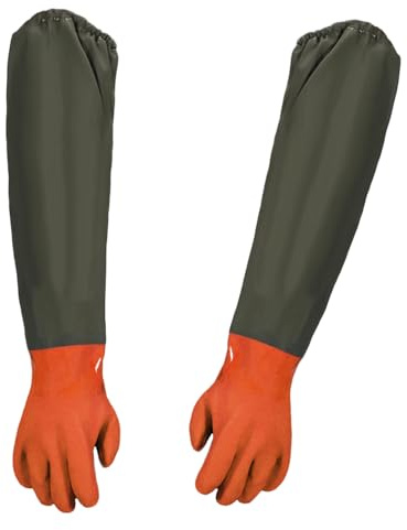 Guantes de Estanque, Pond Gloves, Guantes Largos de Trabajo Impermeables con Chorro de Arena de PU, 70 cm, 1 Par (Naranja)