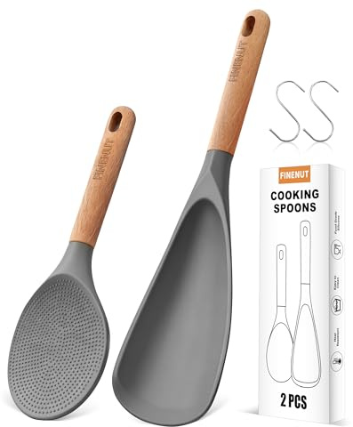 FINENUT Cooking Spoon Multifunction Spoonula Silicone Spatula Spoon 2-Pack, Dual-Use Heat Resistant 446°F, BPA-Free Non-Toxic Wooden Handle Rice Spoon Set for Non-Stick Cookware & Rice Cookers (Gray)
