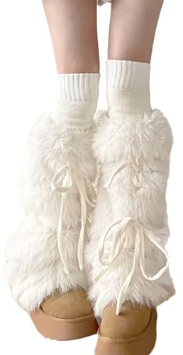 JSGHGDF Mädchen Stiefelmanschette Beinwärmer Frauen Winter Warm Sweet Ribbon Bowknot Pelzig Plüsch Weiß Stiefel Lange Socken Bowknot Beinwärmer, weiß, One size