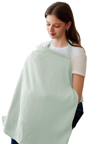 Couverture Allaitement Bébé,Tablier Allaitement en mousseline, Coton Douce Respirante Ajustable Couverture d'allaitement(Vert pâle)