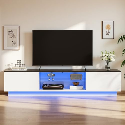 HFASD Mueble TV 160 cm, Mesa TV con Luces LED, para TV de hasta 65 Pulgadas, Mueble Tele con 2 Puertas y 2 Estantes Abiertos, Estilo Moderno, para Salón, Dormitorio, Blanco (160 cm)