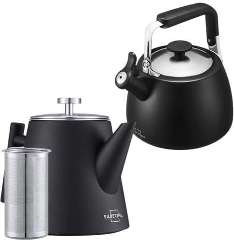 SILBERTHAL Teekannen 2er Set mit Wasserkocher Induktion | Aus Edelstahl & doppelwandig - Ideales Geschenkset für Teeliebhaber