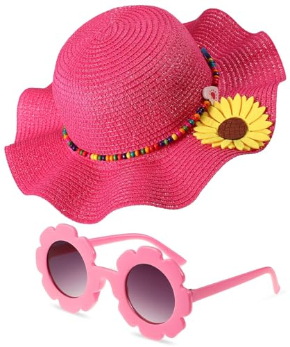 QIZHIQIAMY Cappello Paglia Bambina, Cappello di Paglia Bambini, Occhiali da Sole per Bambini, Cappello da Sole Bambini con Occhiali da Sole Fiori per Viaggi, Spiagge, Vacanze, Picnic (Rosa)