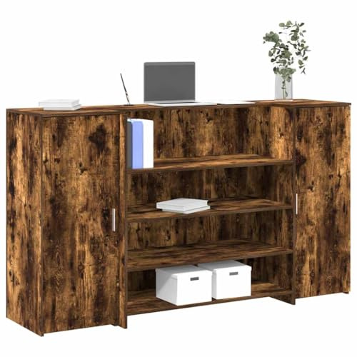 WEMYUFURN Bancone da ricevimento in rovere affumicato, 180 x 50 x 103,5 cm, in legno con bancone integrato e armadio per ampio spazio di archiviazione, versatile in uffici e lobby