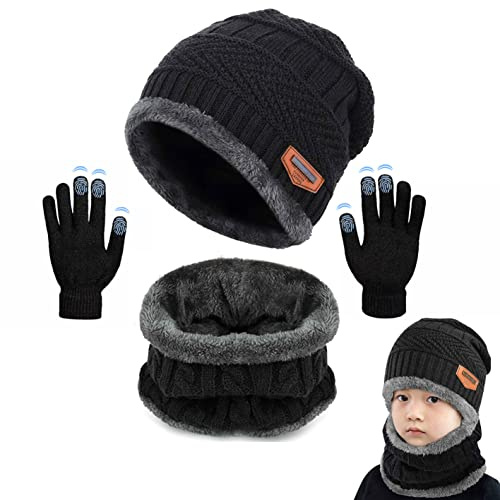 CheChury Enfants Bonnet Chapeau Tricot, Chauffant Bonnet Tricot Écharpe avec Gants de Doublure Polaire Épais Tour pour Garçons Filles, Sports,Taille unique,Noir