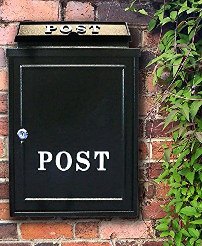 AuraHome Vintage Weatherproof Post Box Lockable Wall Mounted Letter Box Iron Mail Box for A4 Letters Outdoor Use for Walls Gates Garages Black with White POST Sign