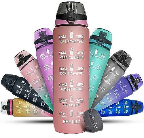 K-MART Borraccia sportiva da 1 l, con tacche orarie, lavabile in lavastoviglie, a prova di perdite, senza BPA, atossica, per corsa, ciclismo, scuola, ufficio e palestra (rosa rosa)