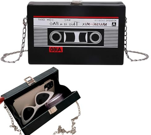 SPORWAY Kassette Handtasche Retro Umhängetasche Damen: Schräge Schultertasche Radio Handtasche 19 x 12 x 5 cm, Tasche Kassetten Schultertasche für 80er 90er Jahre Disco Party Dekoration