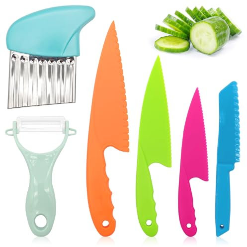 Obidodi Kids Knife Set, 6pcs Mini Chef Knife Set for Kids, Toddler Kitchen Knives for Chopping, Child Safety Knife in 4 Sizes and Plastic Paring Knife for Vegetables Fruits