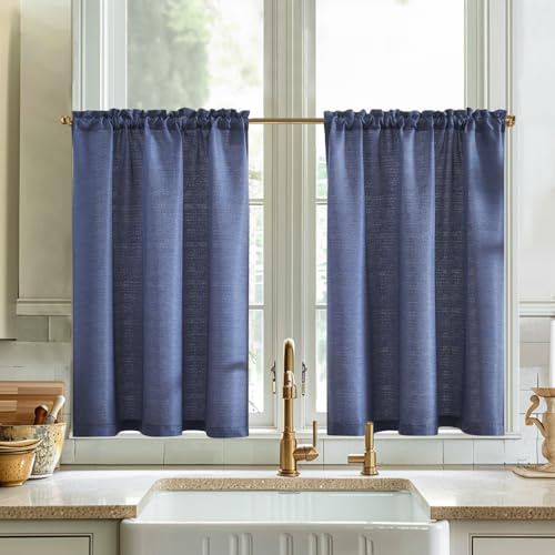 Vangao Scheibengardinen Leinenoptik Bistrogardine 2er Set B90xH115 cm Blau | Modern Gardinen Kurz Landhausstil Lichtdurchlässig, Wohnzimmer Schlafzimmer Wohnwagen, Uni Scheibengardinen Boho 115cm hoch