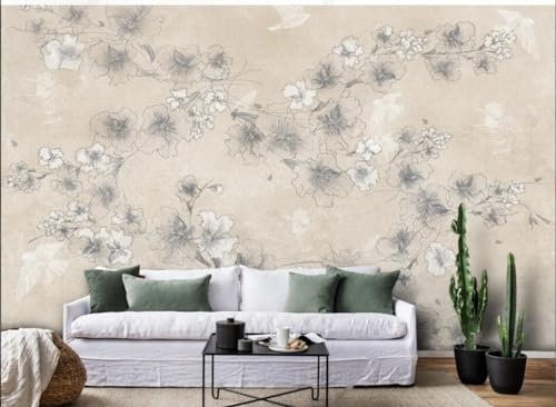 Fototapete Blumen 3D Tapeten 3D Effekt Wohnzimmer Schlafzimmer Vliestapete Einfache Handgemalte Linie Linie Zeichnung Blume Fototapete Natur Grau Graffiti Steinoptik Kinder Tapeten