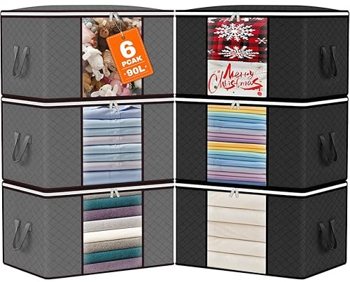 OFFSHIFTER Storage Bags - 90L - 6Pack (3 black and 3 grey), with Clear Window and Strong Zip, Reinforced Carry Handles, Collapsible when not in Use, Large Capacity to Help Save Space
