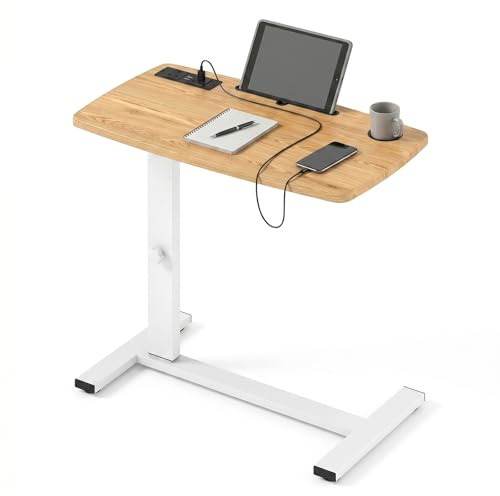 Levede Overbed Table with Wheels, Height Adjustable Mobile Desk with USB & Power Sockets, Gas Lift Standing Desk for Bed, Sofa, Home Office, Bedroom, Living Room, 80x40 cm Oak