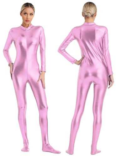 XINLIANYI Damen-Jumpsuit, metallisch, glänzend, langärmelig, Reißverschluss vorne, Ganzkörper-Einteiler, Strumpfhose, Body, Disco, Rave, Party, Poledance, Clubwear, rose, XL