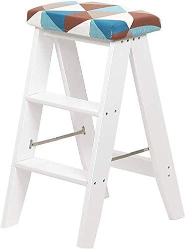 Sgabello pieghevole a 3 gradini con cuscino rimovibile, bianco, per cucina, ufficio, biblioteca, scala multifunzione e sgabello alto