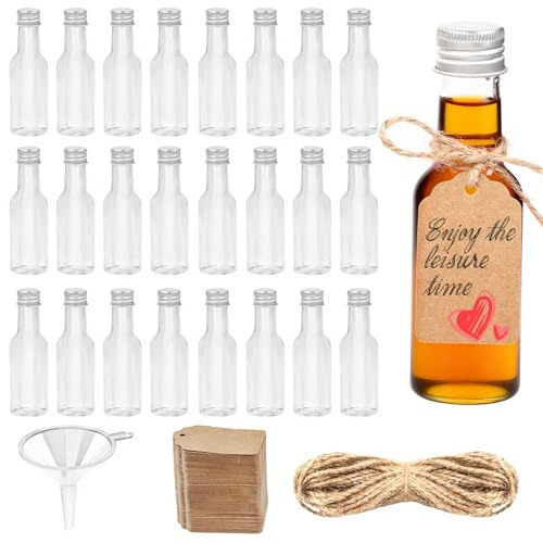 JOFONY 24 botellas pequeñas de licor de 50 ml, pequeñas botellas de plástico con tapa y embudos, botellas de licor vacías reutilizables para fiestas, viajes