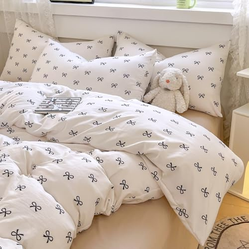 Covebett Schwarzes Bogen-Bettbezug-Set für Einzelbett mit Schleifen-Schleife-Druck Kawaii-Bettwäsche-Set für Kinder, Mädchen, süßes schwarzes weißes Schleifenband, Mikrofaser-Bettdeckenbezug 135x200
