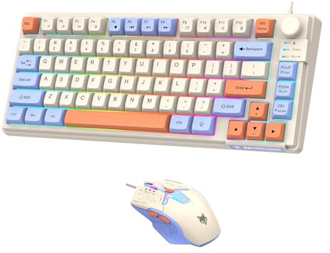Lancoon Clavier filaire et souris avec lumière colorée 81 touches Fonction multimédia Bouton de volume Souris ergonomique DPI réglable pour PC portable