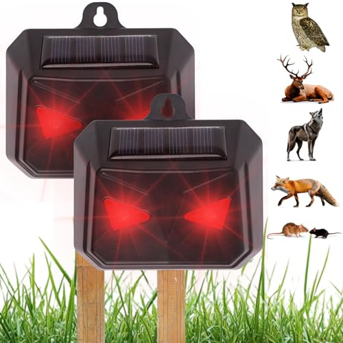 Ninnyi 2 Pcs Solar Cat Repellent, Waterproof Animal Deterrents with Two Red Flashing Lights for Fox Dog Birds Skunks Gardens Farm