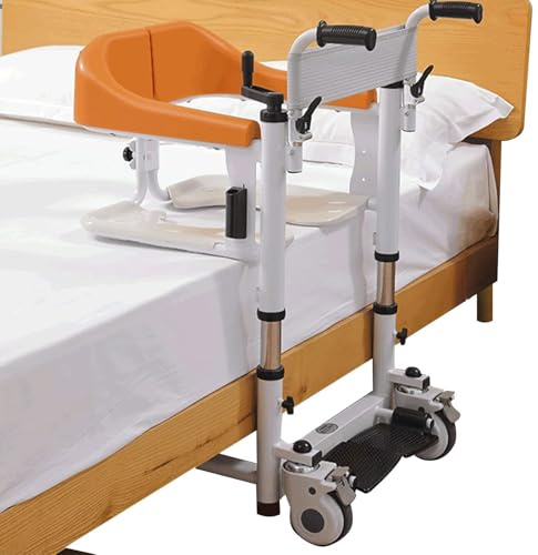 Sedia di Trasferimento per Pazienti, Sedia da Letto con Sedile Diviso a 180°, Sollevatore per Sedia a Rotelle con Leva di Sollevamento a Manovella, Sedia da Doccia per Disabili (Orange)