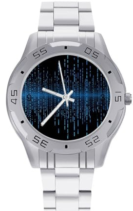 BVKWNTSA Sleek Business Steel Band The Blue Binary Matrix Printed Watch for Men – Elegant Quartz Analog Wristwatch, Lightweight & Comfortable