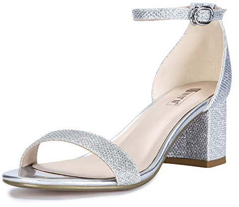 IDIFU Women's Cookie-LO Low Block Heels Chunky Sandals Ankle Strap Wedding Dress Pump Shoes(Silver Glitter, 7.5)