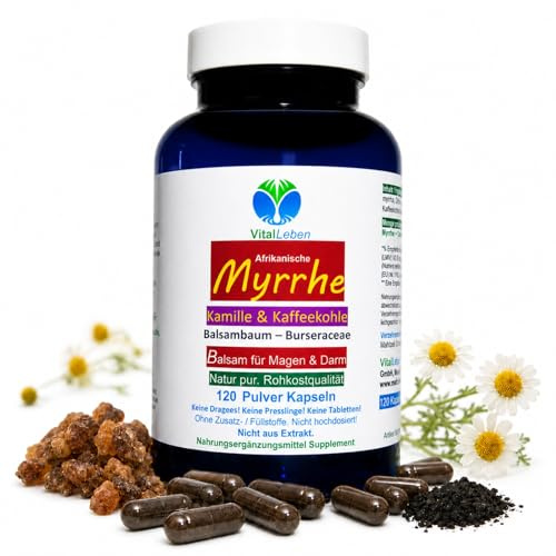 MYRRHE + KAMILLE + KAFFEEKOHLE 120 Pulver Kapseln für den gestressten Darm nach AYURVEDA und Hildegard von Bingen - NATUR pur - OHNE ZUSATZSTOFFE [2 Monate] 27160-120