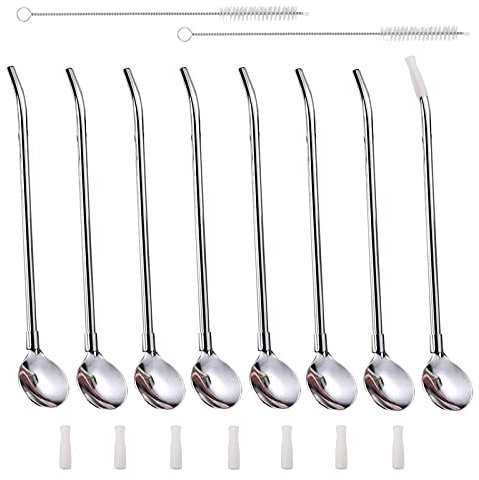 Löffel mit Strohhalm Edelstahl Longdrinklöffel Wiederverwendbare Strohhalme für Cocktail Smoothies Milchshakes mit Strohhalmspitzen Strohhalm Bürste Set von 18 Stück (21,5 cm)