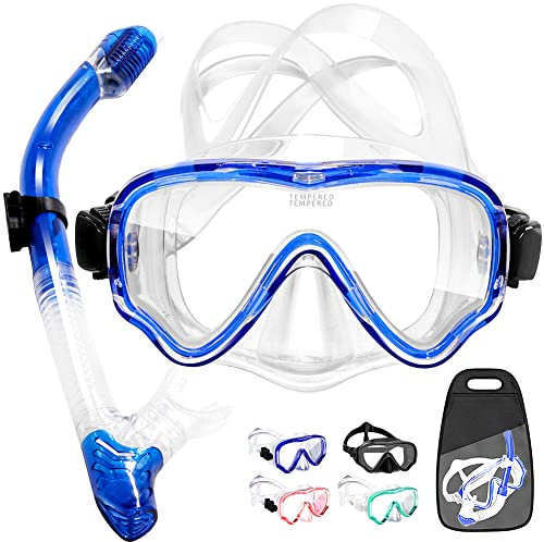 HINATAA Taucherbrille für Erwachsene, Panorama, 180 °, gehärtetes Glas, Schnorchelbrille, Anti-Beschlag und Schnorchelschlauch, Taucherbrille, Schnorchel-Set für Frauen und Männer (Blau)