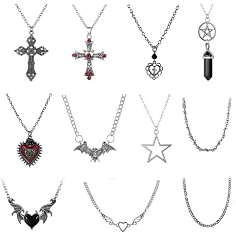 DALLZOMA 11 Piezas Collar gótico Grunge Set Goth Punk Rock Silver Necklace Love Heart Cross Thorns Ojo Maligno Alas de Ángel Collar Vintage Colgante Collar Plata